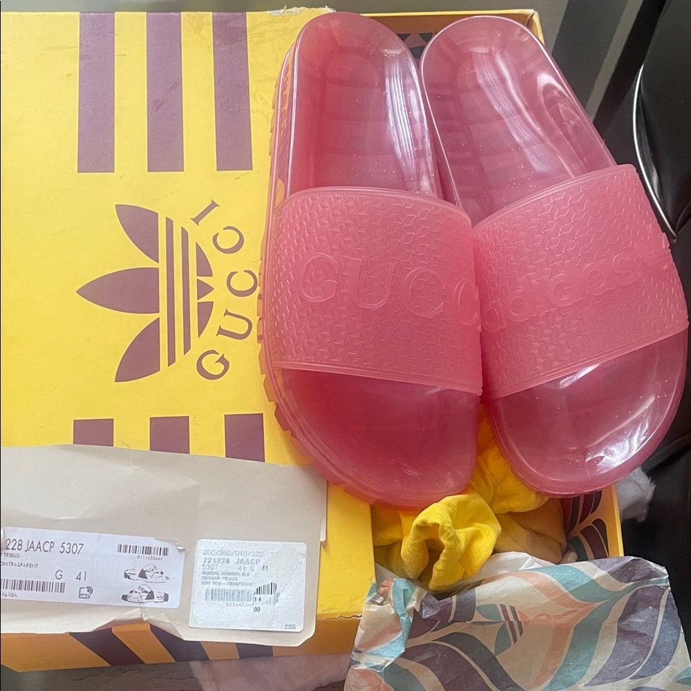 Gucci & Adidas collaboration Pink Transparent Jelly Logo Slide Sandals sz 41